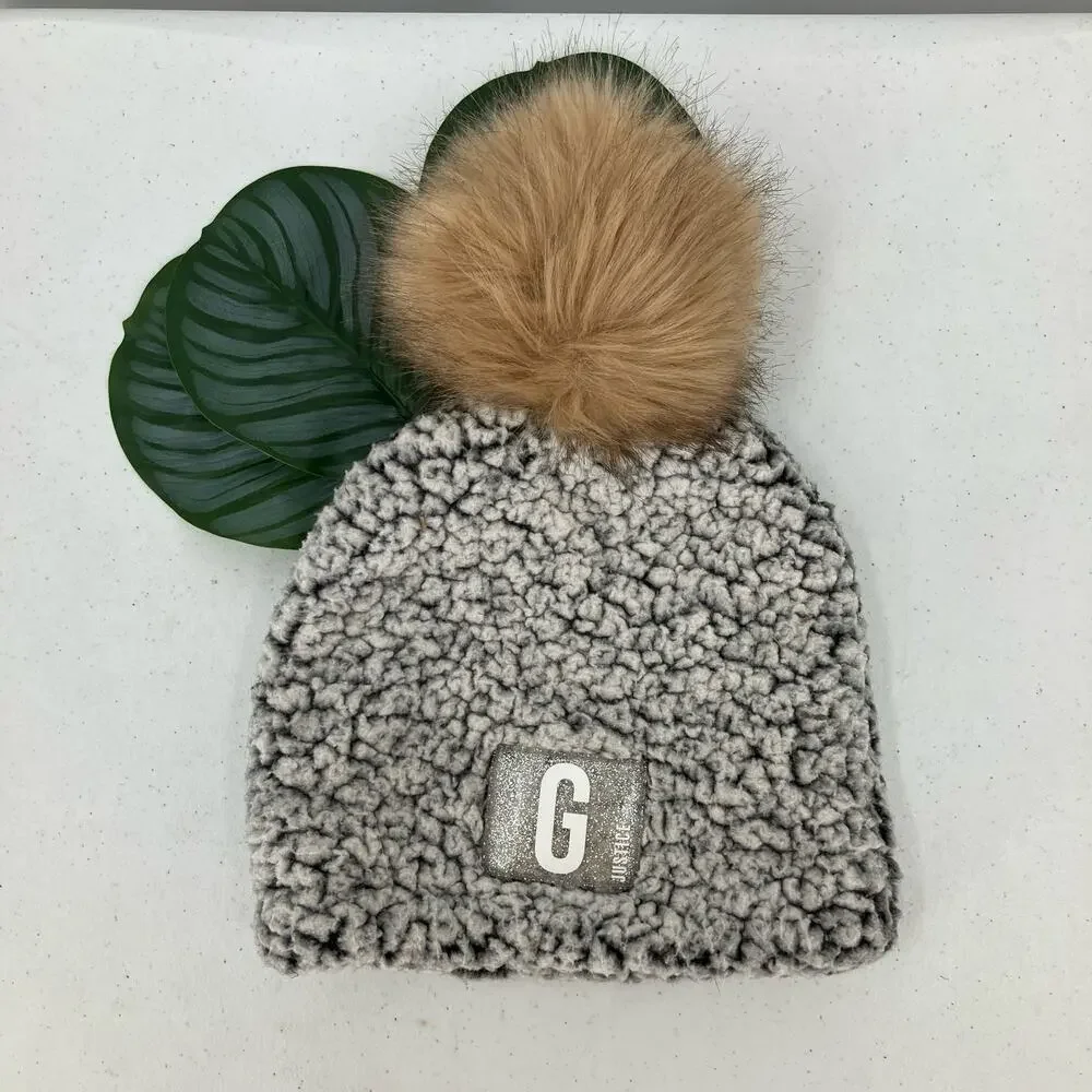Justice Gray Brown Fleece Lined Faux Sherpa Fur Puff Pom Beanie Winter Youth Hat